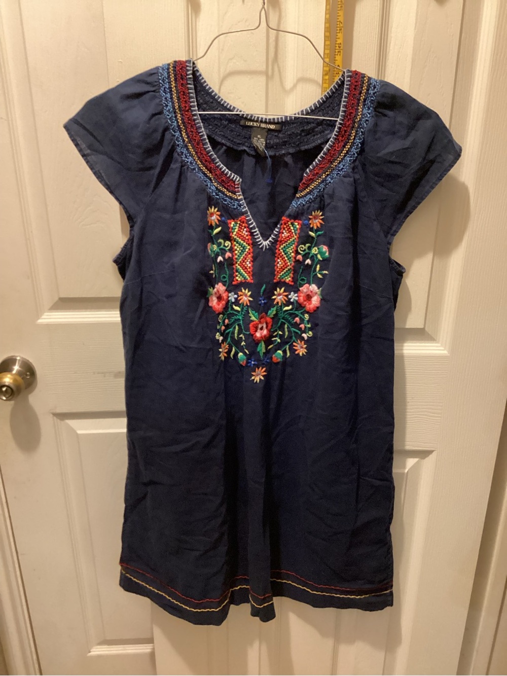 Lucky Brand Navy Blue Embroidered V-Neck Tunic